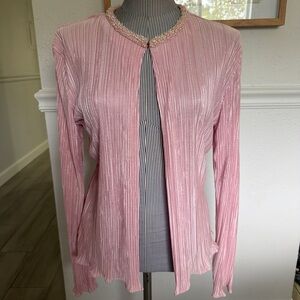 Pink Pleated Long Sleeve Cardigan Beaded Neckline Silky